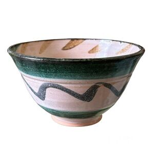 Studio Glazed Pottery Bowl. Greens, Grey and Peach, decorative swirl.